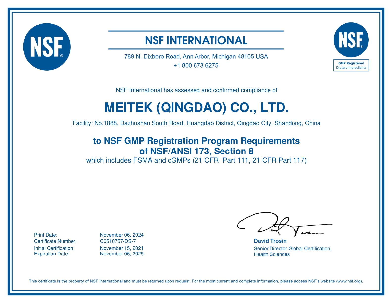 NSF GMP Registration for Dietary Ingredients 注册号 C0510757-DS-7